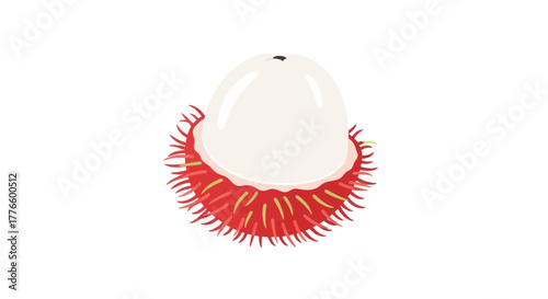 A single rambutan fruit with its spiky red skin and white flesh.