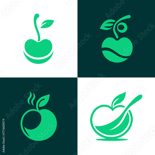 Set of four stylized green fruit icons representing cherries and apples with leaves and stems