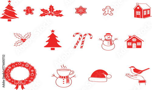 Christmas icons collection, festive red and white silhouettes, holiday decorations, Santa hat, snowman, reindeer, gingerbread, wreath, candy cane, winter celebration