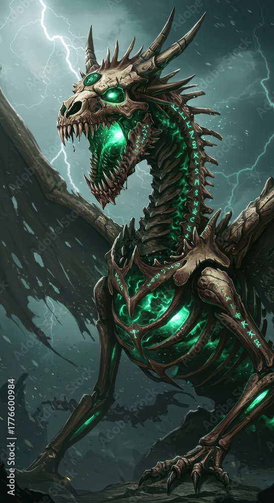 Fototapeta premium Terrifying skeletal dragon monster glows with malevolent emerald energy amid a violent thunderstorm