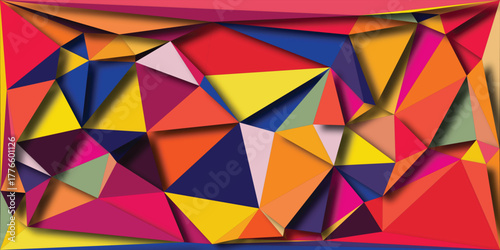 Vibrant Abstract Geometric Polygonal Pattern with Deep Shadows and a Spectrum of Bold Colors Including Red, Orange, Yellow, Blue, Pink, and Green, Creating a Dynamic Visual Effect
