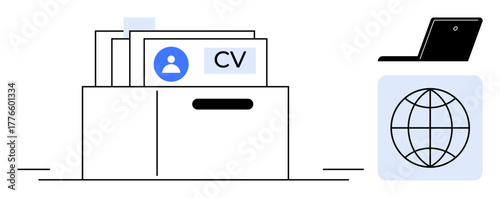File box containing resumes with user icon, CV label, laptop, globe icon symbolizing global connections. Ideal for job search, recruitment, digital processes, employment, career planning
