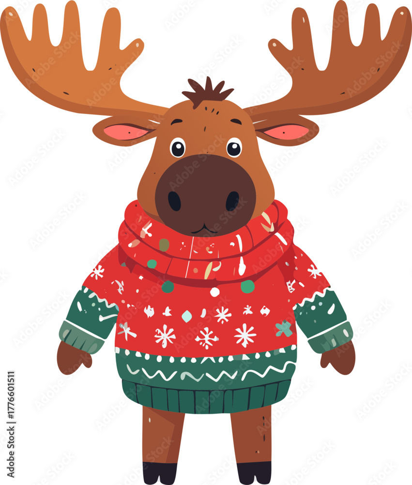 Fototapeta premium A charming cartoon moose wearing a festive red sweater with snowflakes and a cozy scarf.