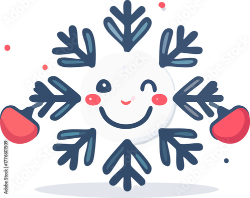 A cute cartoon snowflake character with a winking face, rosy cheeks, and red mittens on its arms, set against a white background with small red dots.