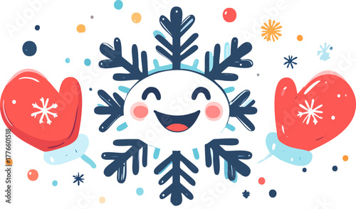 Cartoon illustration of a smiling snowflake with red mittens on either side, winter theme.