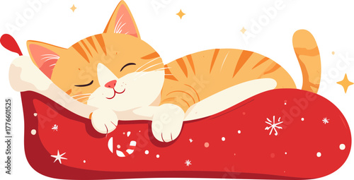 A cute cartoon ginger tabby cat sleeping peacefully inside a festive red Christmas slipper decorated with snowflakes.