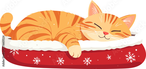 An adorable orange tabby kitten is peacefully sleeping in a festive red and white snowflake-patterned cat bed.