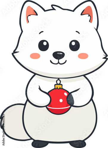 Cute cartoon white fox holding a red Christmas ornament, smiling with rosy cheeks, festive illustration.