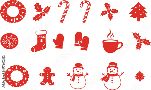 Christmas icons, holiday symbols, festive decorations, snowman, wreath, candy cane, Christmas tree, stocking, mittens, gingerbread, mug, holly, snowflake, winter vector illustration