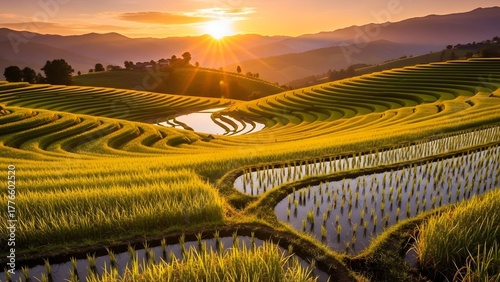 Golden Hour Sunset Over Lush Rice Terraces in Southeast Asia
