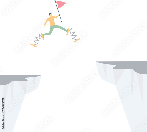 Overcoming obstacles to achieve business success. Businessman holding a flag jumps over a cliff. vector


