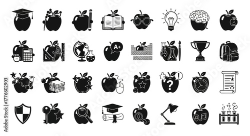 Education and Learning Icons Set Featuring Apples Books and School Supplies Academic Concepts