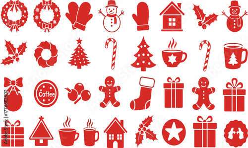 Christmas icons, holiday vector, festive clipart, snowman, gingerbread man, candy cane, Christmas tree, wreath, holly, house, stocking, gift box, mitten, 