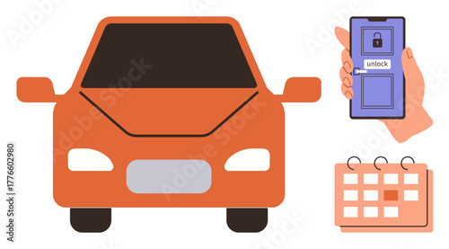 Orange car, smartphone with unlock function, and calendar showcasing digital key technology, smart mobility, and efficient planning. Ideal for concepts thumbs up convenience, innovation, car rental