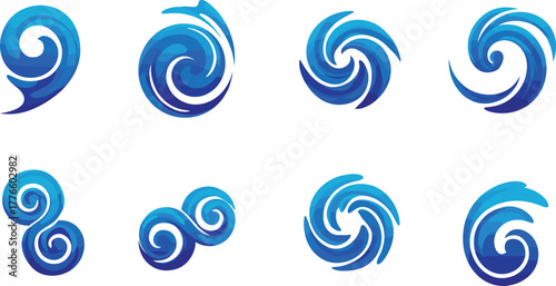 Abstract blue swirl vortex icons set, dynamic water wave spiral symbols, wind energy motion design elements for nature illustration