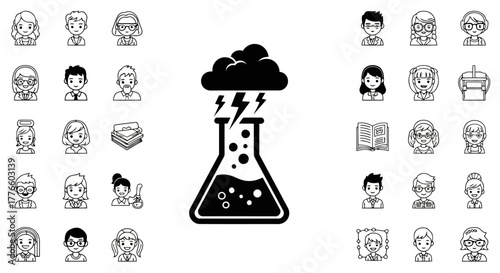 Science experiment icon showing flask with cloud and lightning bolts laboratory research chemical reaction symbol scientific innovation concept