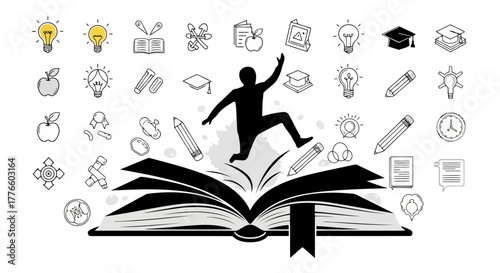 Education knowledge concept showing person jumping from open book surrounded by lightbulbs pencils and other study related elements