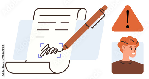 Pen signing a document next to an alert triangle and a highlighted smiling person portrait. Ideal for responsibility, agreement, alert, identity confirmation, approval, warning, simple flat metaphor