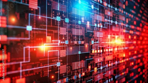 Wallpaper Mural Abstract Digital Circuit Board with Red and Blue Glowing Lights technology data Torontodigital.ca