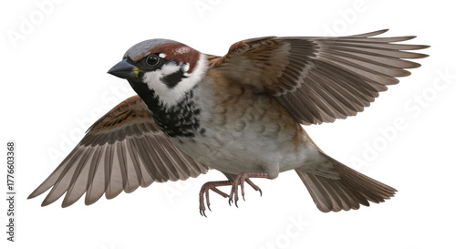 Close up of a male house sparrow in flight with wings spread wide showcasing detailed feathers isolated on transparent background
