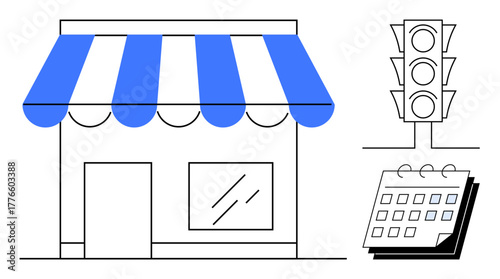 Small shop with blue awning, traffic light, and calendar. Ideal for business planning, scheduling, retail management, decision-making, time management commerce entrepreneurship. Minimal flat