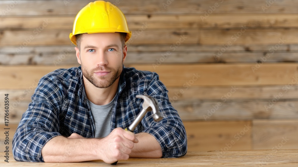Fototapeta premium A construction worker rests their hand on a wooden surface, wearing gloves and a hard hat, in a vibrant, green setting