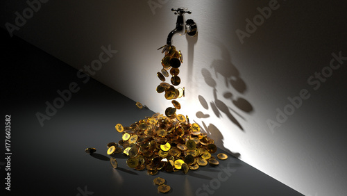 Yuan coins flowing from a tap, concept of abundance and wealth.
