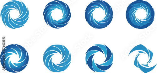 Abstract spiral vortex vector set with blue gradient pinwheel shapes, circular swirl design elements, modern geometric decorative pattern collection