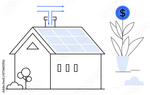House with solar panels converting sunlight into energy, arrows showing energy flow, plant indicating eco-growth and financial savings. Ideal for sustainability, eco-living, clean energy, renewable