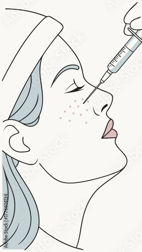Woman receiving cosmetic injection in cheek with syringe  