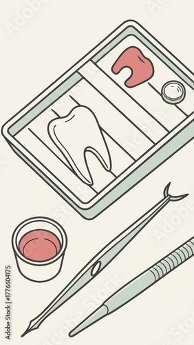 Dental tools and extracted tooth on examination tray in clinic  
