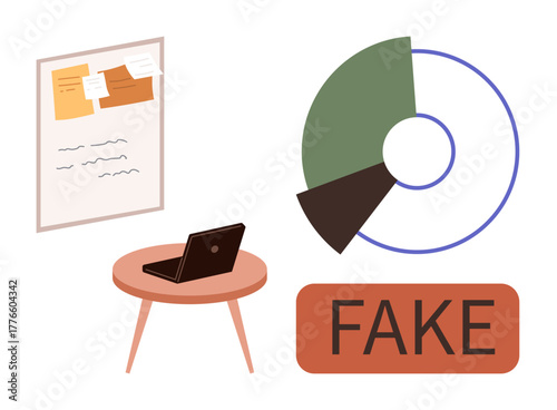 Laptop on desk, pie chart, pinned notes with Fake tag symbolizing misinformation verification. Ideal for analysis, research, awareness, tech caution, data literacy, media trust simple flat