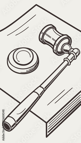 Judicial gavel and sound block on open book in monochrome style  