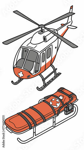 Rescue helicopter and stretcher in emergency medical illustration  