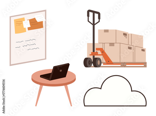 Office desk with laptop, boxes on pallet truck, sticky note board, and cloud icon. Ideal for logistics, inventory, warehouse, digital solutions, supply chain remote monitoring reliable operations