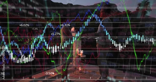 Finance chart converging at rooftop terrace candle table guiding man and woman dancing romantically