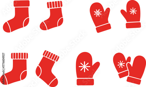 Christmas socks, winter mittens, festive clothing, holiday icons, snowflake design, red vector, seasonal decoration, cozy apparel, warm accessories, winter illustration