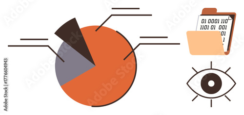 Pie chart with labeled sections, folder containing binary data, and eye symbol representing analysis, monitoring, and transparency. Ideal for data analytics, research, tracking, auditing statistics