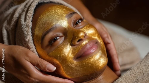 Close-up of a woman receiving a facial treatment with a golden mask.  Hands gently apply the mask to her face, while she rests with her eyes closed.  A soft towel is draped around her head
