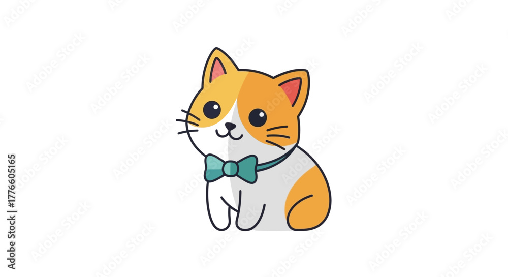 Obraz premium Cute cartoon illustration of a friendly domestic kitten with an adorable bow tie, perfect for children's designs, pet-themed projects, and playful graphic elements