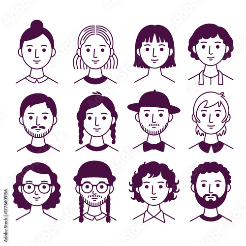 Diverse group of 12 unique stylized people avatars, men and women, character portraits