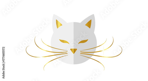 Elegant White and Gold Cat Icon with Flowing Whiskers for Design and Branding