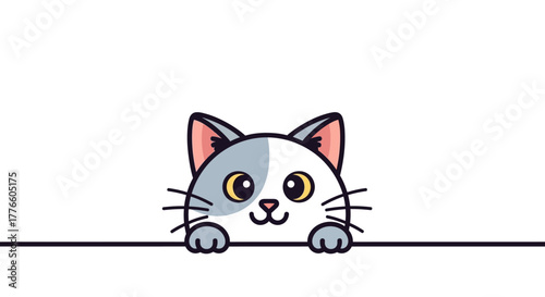 A charming and cute cartoon cat with paws up, peeking curiously from behind a line on a white background. Simple vector animal illustration for design