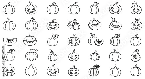 A diverse collection of pumpkin line icons for Halloween and autumn themes. This set includes Jack-o'-lanterns, whole gourds, slices, and a creative avocado hybrid