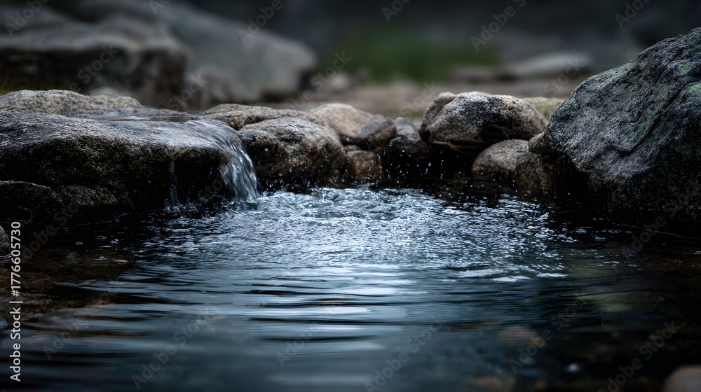 Fototapeta premium Gentle stream cascades over rough rocks into a clear bubbling pool capturing water movement