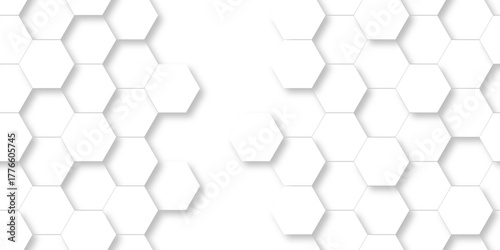 Emboss web hexagonal white technology line paper background. Hexagonal grid tile mosaic structure mess cell design. white and gray hexagon honeycomb football geometric copy space business texture.	