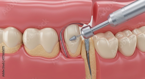 Close up dental drill working on a tooth during a dental procedure showing gums and teeth