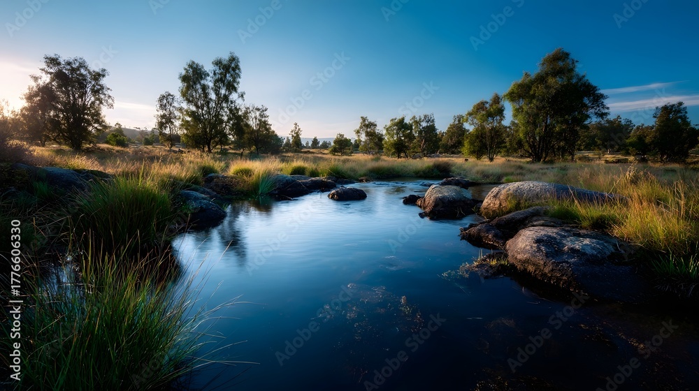 Fototapeta premium Golden hour sunlight illuminates a serene landscape with a reflective pool rocks and lush vegetation under a clear blue sky