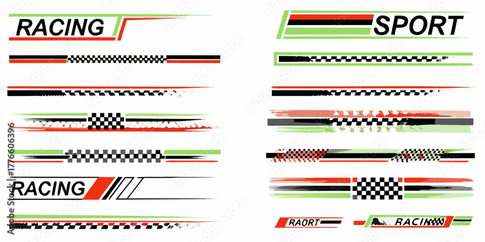 Obraz premium Collection of racing and sport graphic elements with checkered flags and brush strokes