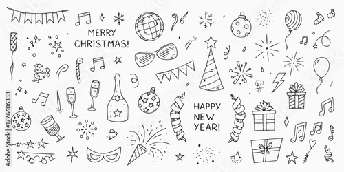 Collection of hand drawn doodle icons for christmas and new year celebrations